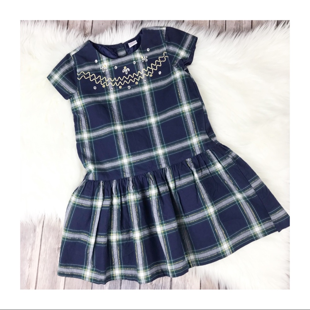 Gymboree Holiday Christmas Short Sleeve Embellished Plaid Dress Navy Blue Size 8
